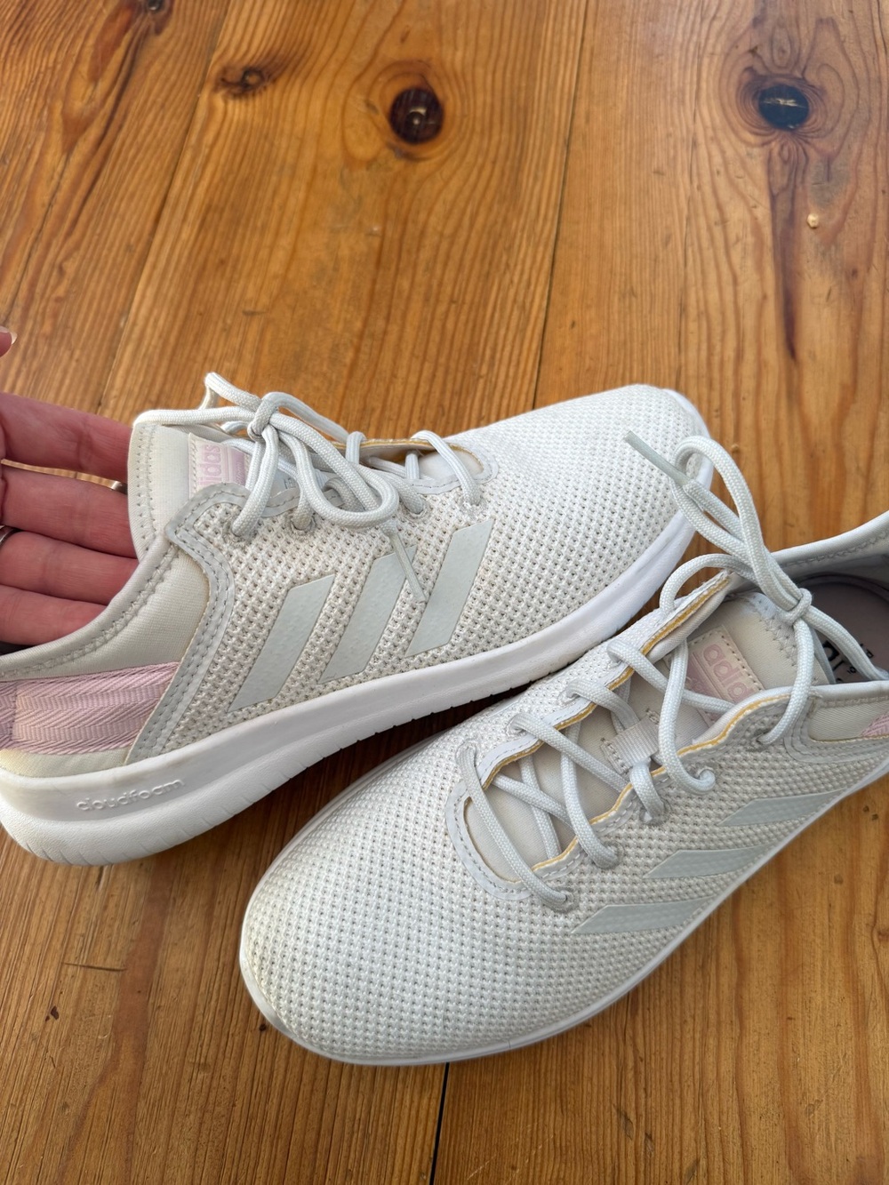 adidas Women's White Knit Lace-Up Athletic Sneakers with Pink Heel Accent